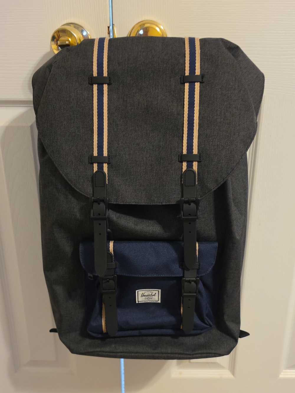 Herschel Supply Company Gray & Navy Canvas Rucksack with Tan Stripe Accents -New